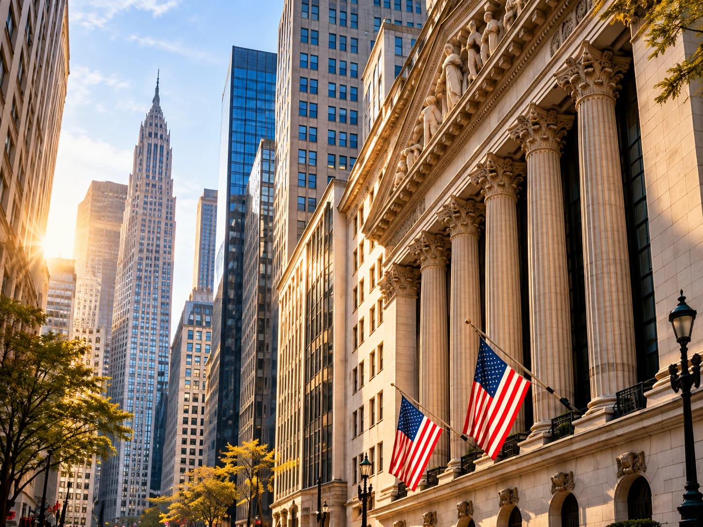 Sunlit financial district architecture with limestone columns and skyscrapers